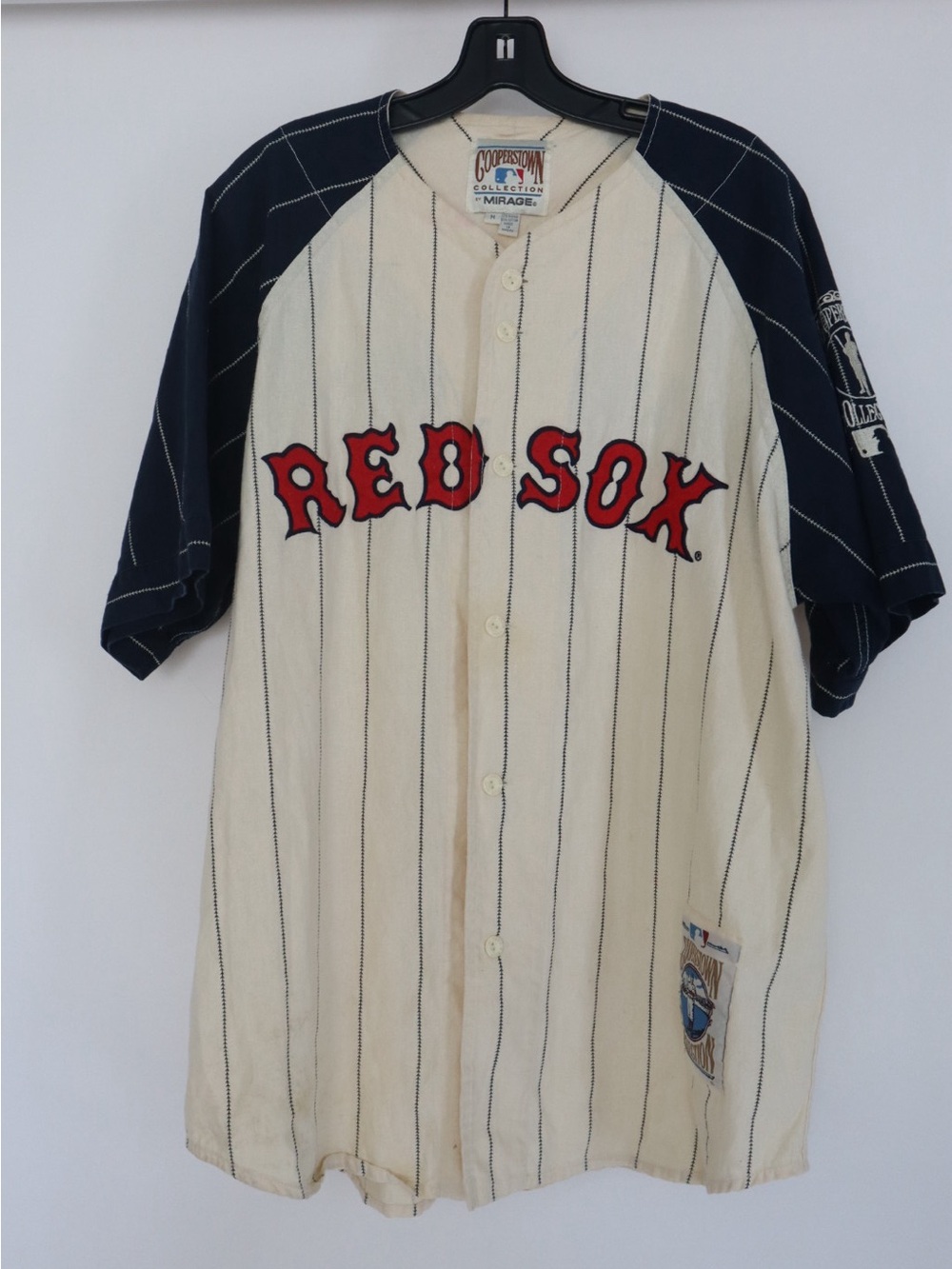 Cooperstown Collection Pinstripe Boston Redsox Baseball Jersey Patch